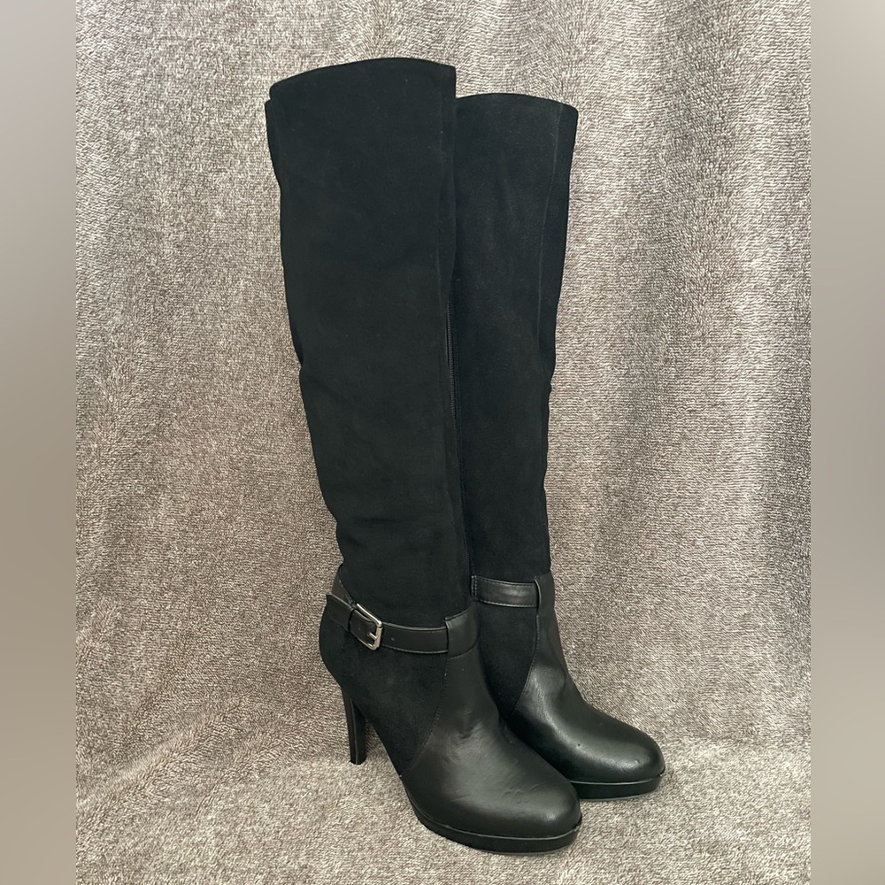 Audrey Brooke Black Over the Knee Boots with Silver Buckle